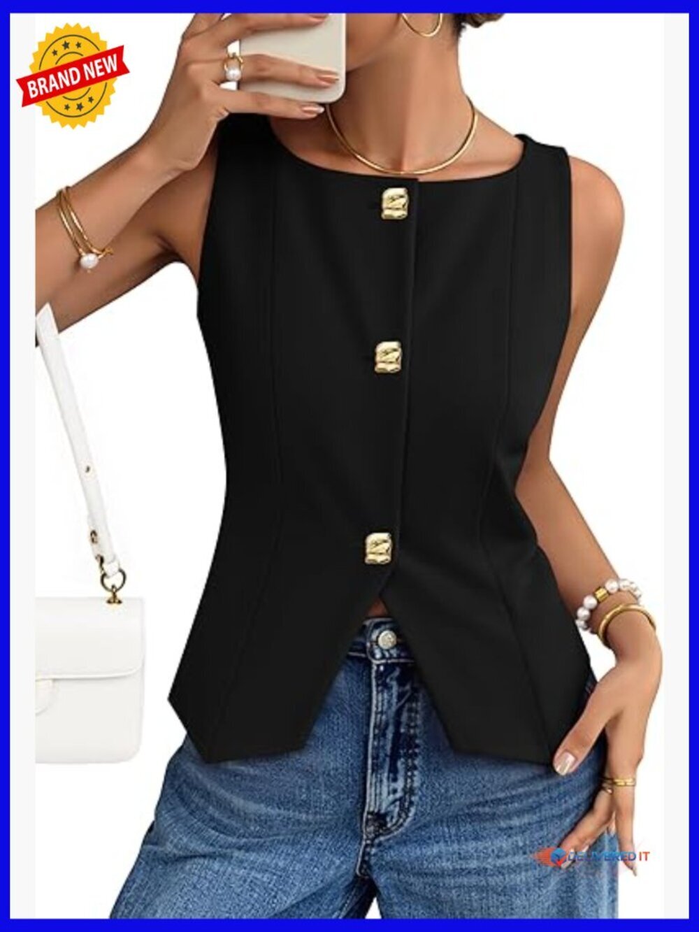 Sleeveless Boat Neck Button Down Vest Casual Work Blazer Top Medium Stretch